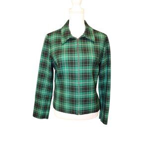 Pendleton Vintage Green & Black Plaid Wool Zip Blazer/Jacket, Size 10